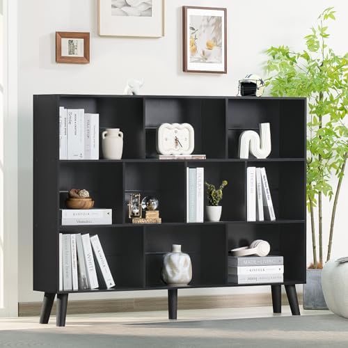 YAHARBO 10 Cube Large Bookshelf,3 Tier Bookcase with Legs,Black Mid-Century Modern Bookshelves,Wide Free Standing Open S