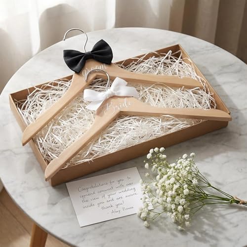 2 Pcs Bride Hanger for Wedding Dress, Bride and Groom Wooden Wedding Hangers Set, Dress and Suit Hangers with Bow Ties and Shoulder Notches, Bridal Shower Gifts Photography Props
