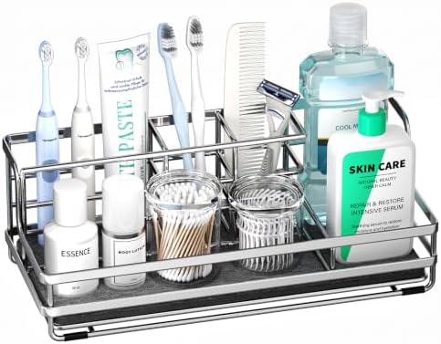 HapiRm Toothbrush Holders for Bathroom - 5 Partitions Bathroom Counter Organizer with Instant Drying Stone, Stainless St