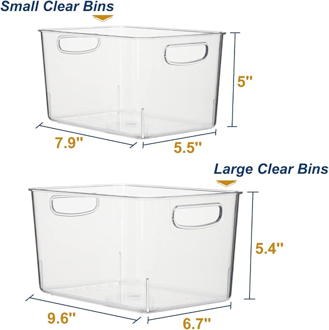 Set Of 8 Clear Pantry Organizer Bins - Plastic Stackable Fridge Organizer Bins For Kitchen, Cabinet And Countertops - BPA Free (4 Small & 4 Large)