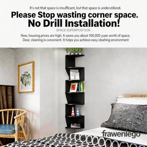 No-Drill Corner Shelf Wall Mount, 7-Tier Thickened Floating Bookshelf with Hooks, Space-Saving Zigzag Plant Shelf for Be