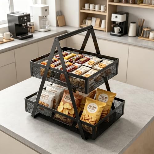 EKNITEY Snack Organizer for Countertop - 2 Tier Metal Snack Basket