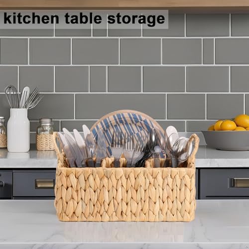 Wicker Party Silverware Caddy, Water Hyacinth Plastic Cutlery Utensil Holder, Hand Woven with Handles, Kitchen Counterto