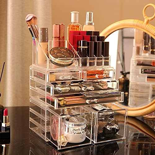 Cq acrylic 3 Pack Clear Make Up Organizers for Vanity,Stackable 6 Drawers Make Up Organizer,Cute Desk Organizer for Vani