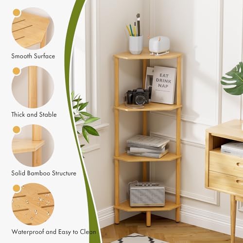 Corner Shelf Stand, 4 Tier Bamboo Corner Organizer, Narrow Tall Bookcase, Corner Shower Caddy, Plant Display Shelf, Open