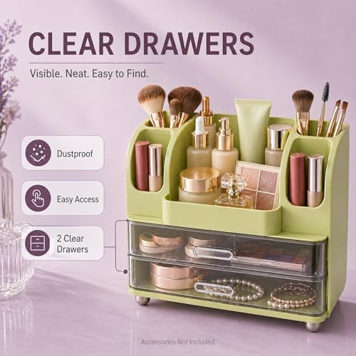 ROOM127 Makeup Organizer for Vanity with 2 Clear Drawers and Brush Holders