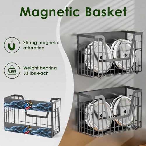 4 Pack Magnetic Shelves for Fridge, Grey Fruit Baskets with 8 Hooks