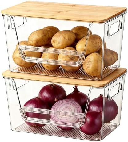 FUSHITON 2 Set Pantry Organizers, Clear Trash Bag Holder with Bamboo Lids