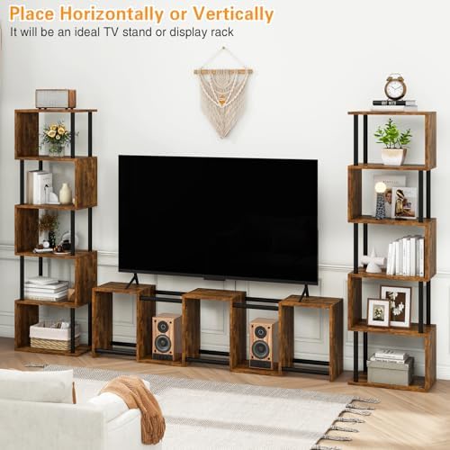 IBUYKE 6-Tier Tall Bookshelf,S-Shaped Geometric Bookcase,Brown WBC016H