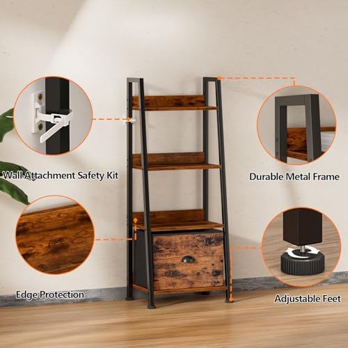 Furologee 4 Tier Ladder Shelf, Small Bookshelf with Drawer, Rustic Brown