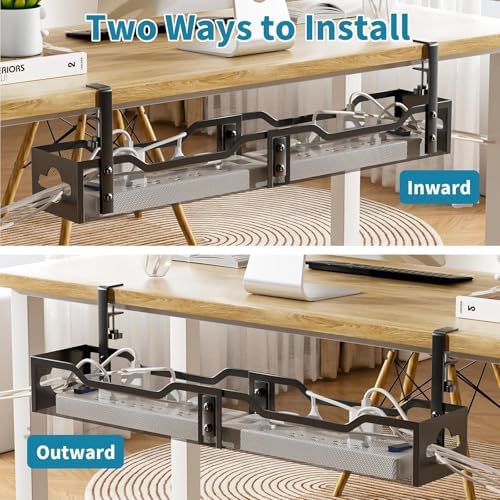 Under Desk Cable Management Tray 32'', Cable Management Under Desk No Drill, Cable Organizer with Clamp for Wire Managem