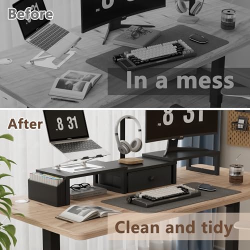 LAND·VOI Dual Monitor Stand with Drawer and Side Pockets, Monitor Riser for Desk, Home Office Desk Storage, Multi-Scenar