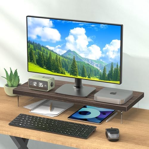 Dual Monitor Stand Riser, 40x10 in Wood & Acrylic Desktop Organizer Shelf