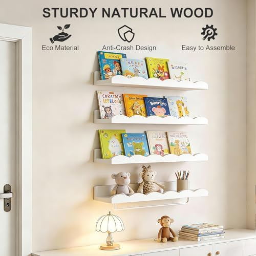 Fixwal Nursery Shelves, 16.5 Inch Floating Bookshelves for Wall Set of 4, Scalloped Wall Book Shelves with Towel Rack fo