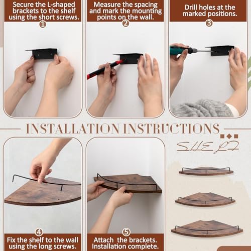 Novabright Corner Floating Shelf Set of 3 Rustic Brown Wood 9/10/12 in