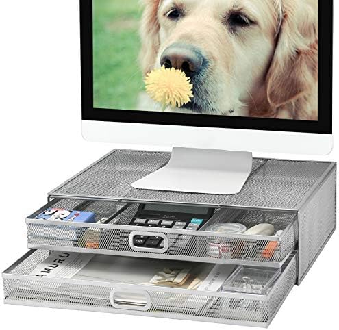 Monitor Stand Riser with Drawer - Metal Mesh Desk Organizer with Dual Pull Out Storage Drawer,Office Supply for Computer