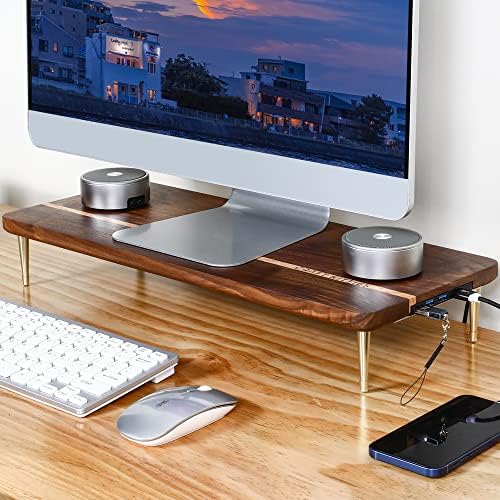 Monitor Stand Wood Riser with 4 USB Ports, Computer Monitor Stand with America Walnut Data Transfer Charging Hub -Compat