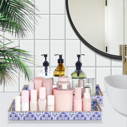MAONAME Blue Vanity Tray Set of 2, Plastic Decorative Trays with Handles