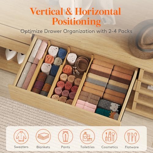 Lifewit 5" Tall Bamboo Drawer Dividers, Adjustable Deep Drawer Organizers
