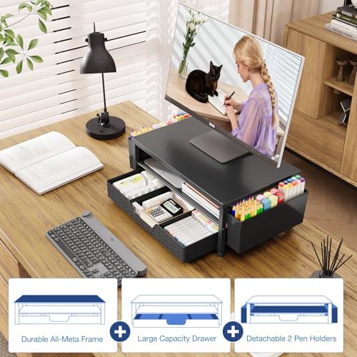 OPNICE Desk Organizers and Accessories, Computer Monitor Stand Riser with Drawer and 2 Pen Holders, Printer & Laptop Sta