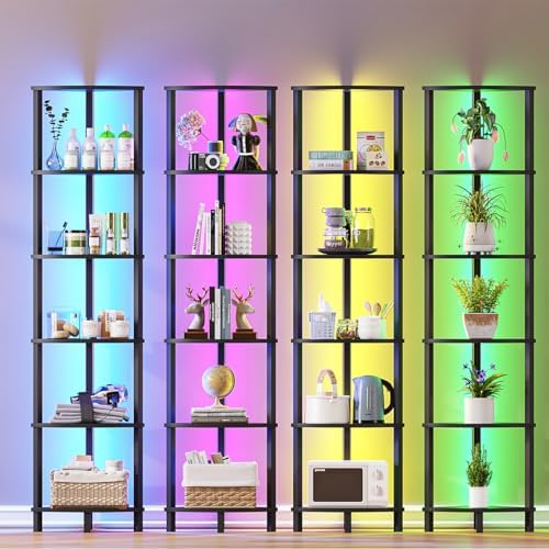 VIMBER 6-Tier Corner Shelf with LED Light, Industrial Corner Ladder Shelf, Rustic Display Shelf for Living Room, Bedroom