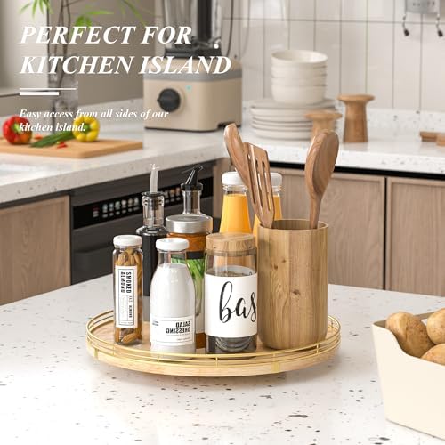 AMH16-Inch Rustic Lazy Susan with Solid Oak Base and Gold Iron Rail
