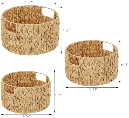 Vagusicc Wicker Storage Basket, Hand-Woven Water Hyacinth Large Round Woven Basket With Handles, Wicker Baskets for Organizing/Storage, 3-Pack
