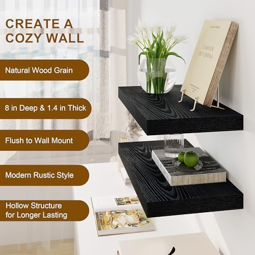 Fun Memories Black Floating Shelves 16 Inch Long, 8 Deep Floating Shelf Wall Mounted, 16 x 8 Inch Wooden Bathroom Shelve