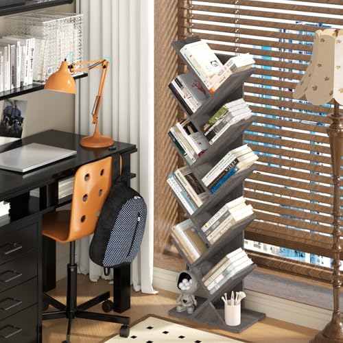 10 Tier Tree Book Shelf, Floor Standing Wood Bookshelf for Narrow Space