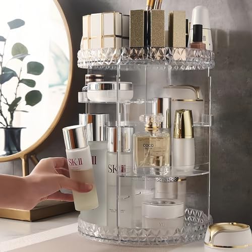 Rotating Makeup Organizer for Vanity Bathroom Countertop, 360 Spinning Skincare Organizer and Storage with Adjustable La