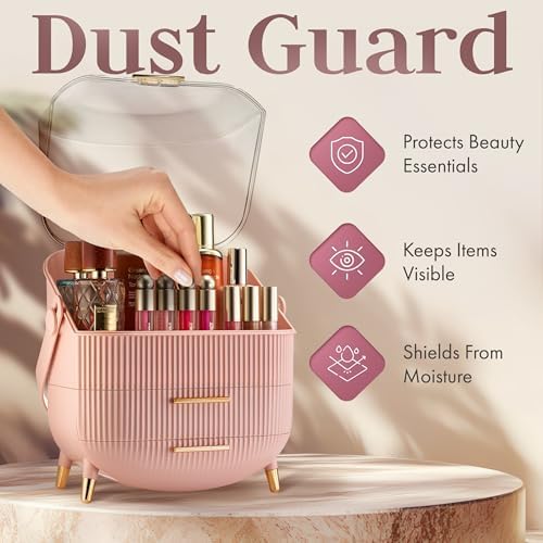 Covered Makeup Cosmetic Countertop - Large Cosmetic Organizer - Trendy Oval Shape Storage for Skin Care Organizer - Clea