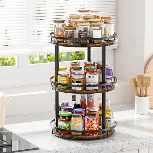 LAMU 12'' Wood Lazy Susan Spice Rack Organizer, 3 Tier Spice Organization for Cabinet, Countertop, Kitchen, Table Top, P