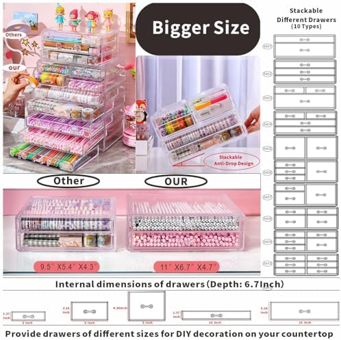 Cq acrylic 1 Pack Clear Desk Organizer With Drawers,Stackable 5 Drawers Skincare Organizer,Cute Skin Care Organizers for