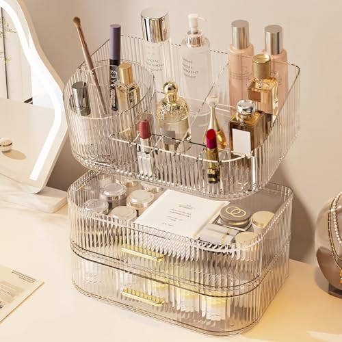 Large Makeup Organizer with Drawers, 360° Rotating Brush Holder