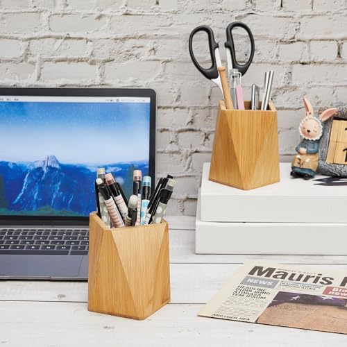 Henoyso 2 Pcs Bamboo Wood Pen Pencil Holder Geometric Pencil Cup Stand Makeup Organizer for Pen Holder Desk Home Office Adults(Bamboo)