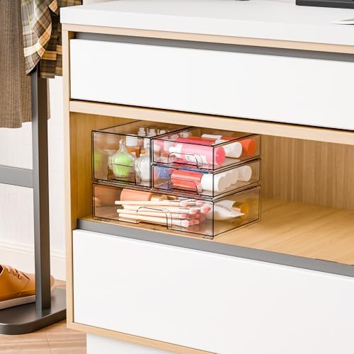 Yieach 4 Pack Clear Stackable Storage Drawers,Acrylic Drawer Organizer for Medicine,Palettes,Hair Accessories and Makeup