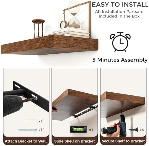 55 Inch Floating Shelves for Wall, 6.5"D Wood Storage Shelves, Brown Finish