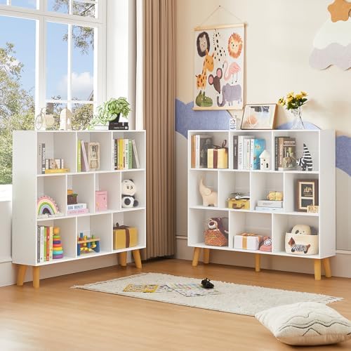LEYAOYAO 10 Cube Bookshelf, Mid-Century Modern Book Shelf with Legs, White