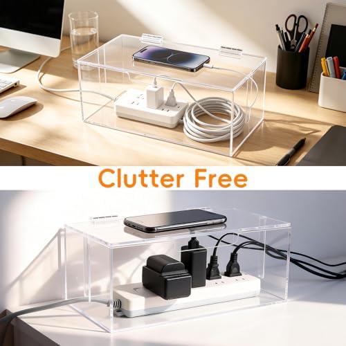 Cable Organizer Storage Box with Lid - Phone Charger Clear Organizer Case for Desk, Wire Organizers for Cords & Power St