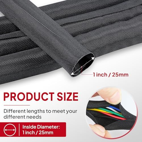 Black Split Braided Cable Management Sleeves 1inch -15Feet