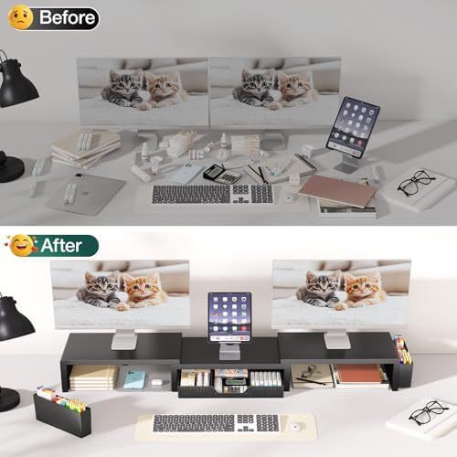 OPNICE Desk Organizer and Accessories, Computer Monitor Stand Riser with Drawer and 2 Pen Holders, Laptop Stand, Office 