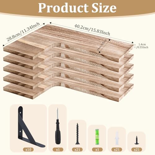 Set of 5 Corner Floating Shelves, Rustic Wood Shelve, Light Brown