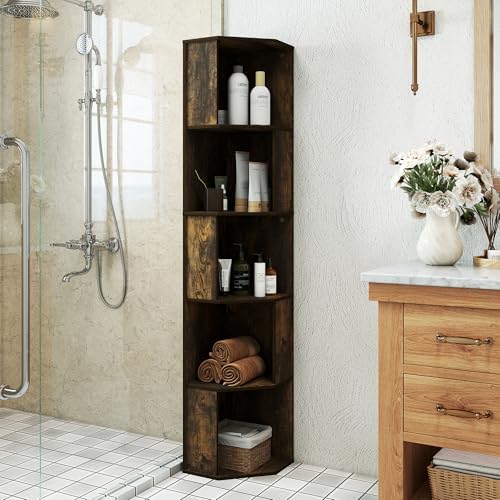Black 5 Tier Slim Corner Bookshelf with Open Shelves, Wood Black Tall Corner Shelving Unit, Narrow Book Shelves for Bedr