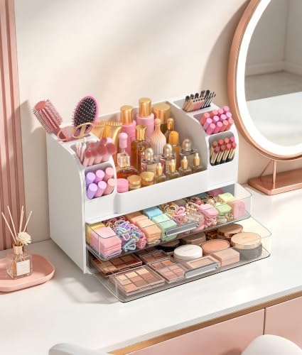 Hanyi Makeup Organizer for Vanity,Countertop Cosmetic Organizer with 2 Clear Drawers & 6 Brush Holders,Large ABS Makeup 