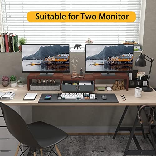 WESTREE Dual Monitor Stand Riser with Drawer - Adjustable Length and Angle, 2 Phone Hold, Desktop Organizer for Computer