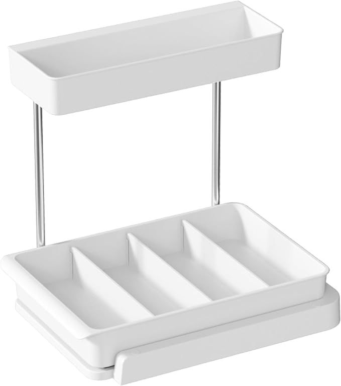 Under Sink Organizer and Storage, L-Shaped Bathroom Storage Cabinet with Basket, Multi-Purpose Sliding Cabinet Organizer for Kitchen Pantry Organization and Storage, White, 1 Pack