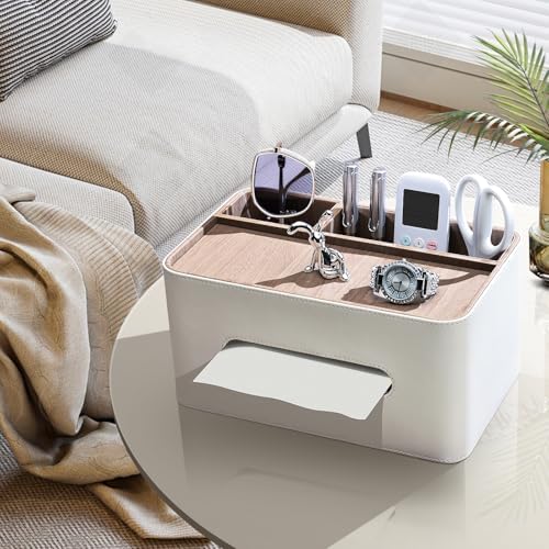 PU Leather Tissue Box Cover Rectangular with Storage Organizer, Multifunctional Remote Control Holder, Desk Organizer fo