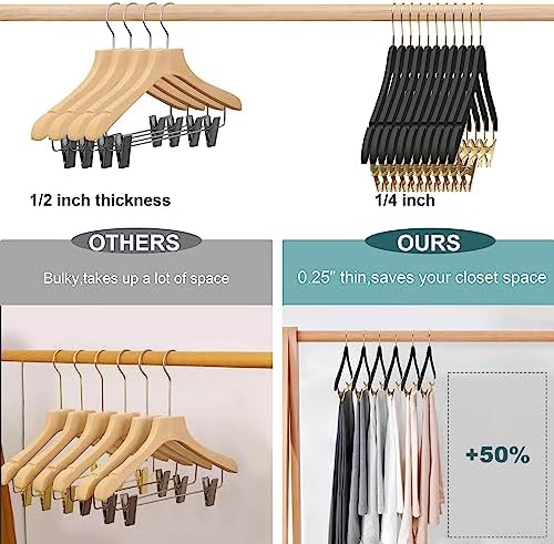 20 Luxury 16.5" Ultra Thin Space Saving Black Wooden Skirt Pant Hangers, 360 Degree Swivel Hook, Best for Suit, Coat Hangers Pants, Blouses, Dress Hangers Black with Gold Hook (Skirt/Blouse, 20)