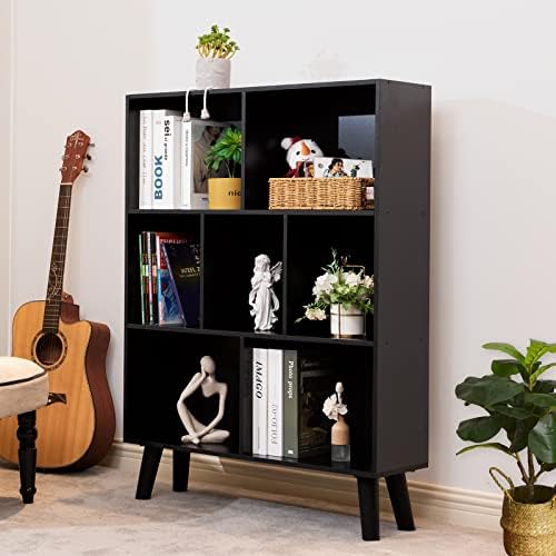 YAHARBO Black Bookshelf,3 Tier Modern Bookcase with Legs,Bookshelves Wood Storage Shelf, Open Book Shelves Cube Organize