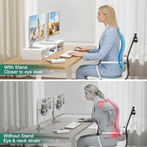 OPNICE Dual Computer Monitor Stand Riser, Desk Organizer with Drawer, Office Desk Accessories & Workspace Organizers for